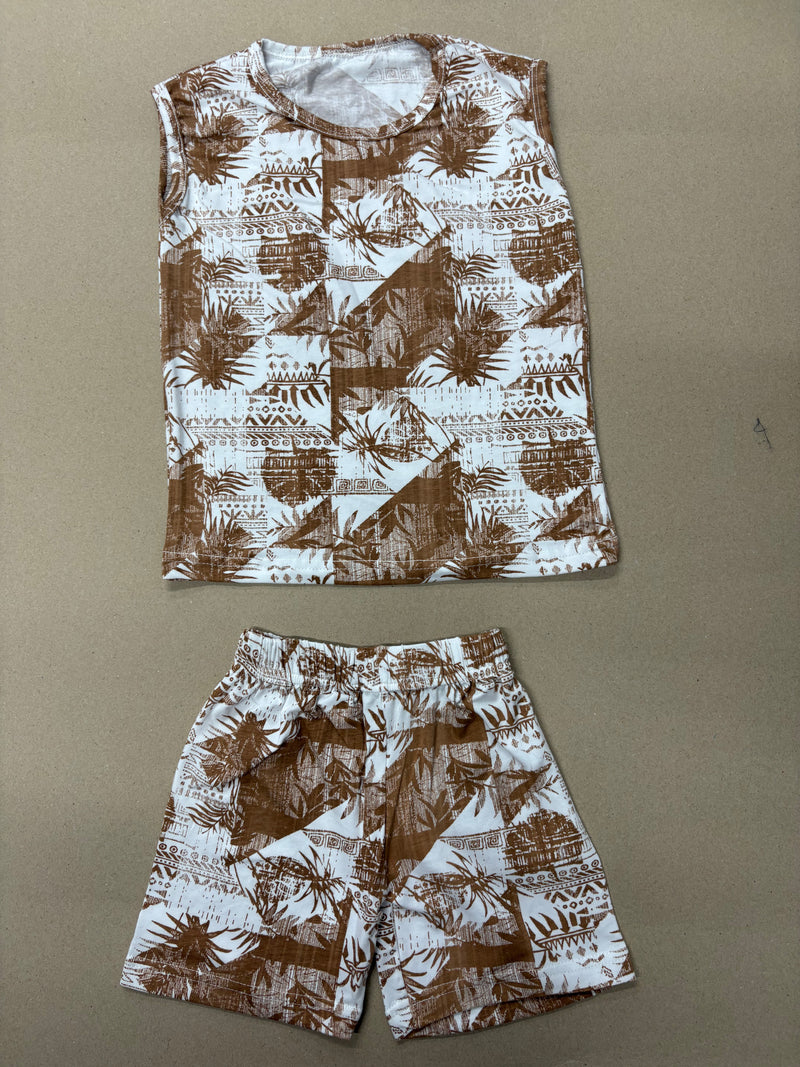 This is a Tav Pacific Rahiti singlet featuring a brown and white tropical print -Sleeveless co-ords