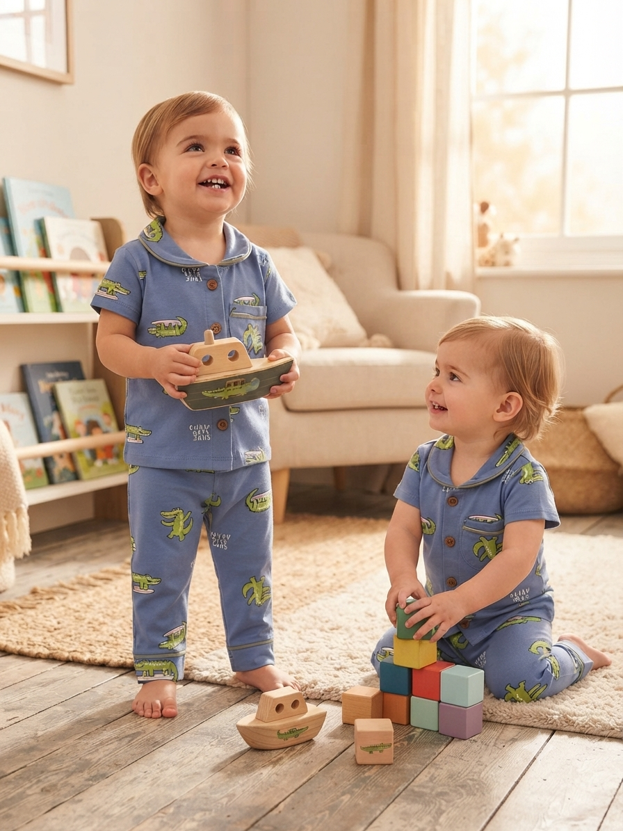 Green surfing alligator print- Baby Collar Night Suits