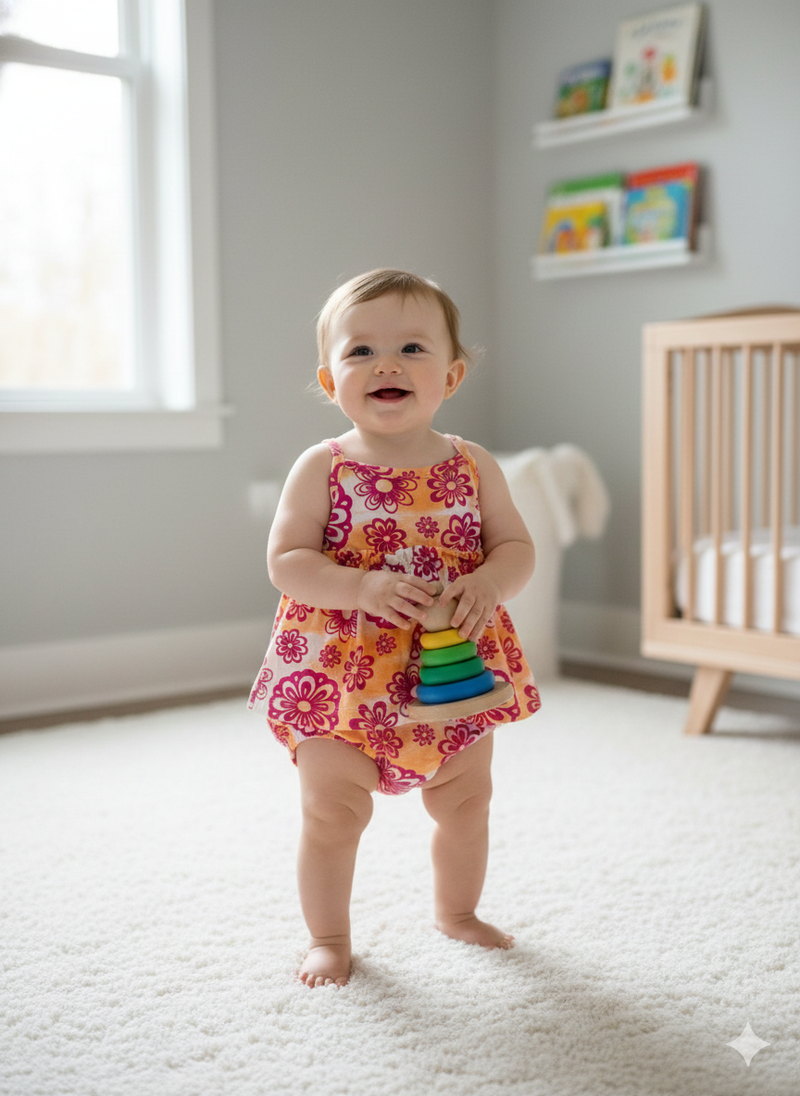 Orange  with pink flower -Onesies frock