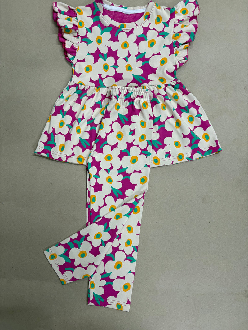 Vibrant magenta and white retro floral print21/8-Peplum Girls set
