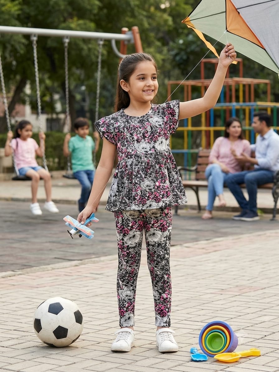 Black pink multi colour peplum co-ord girls set