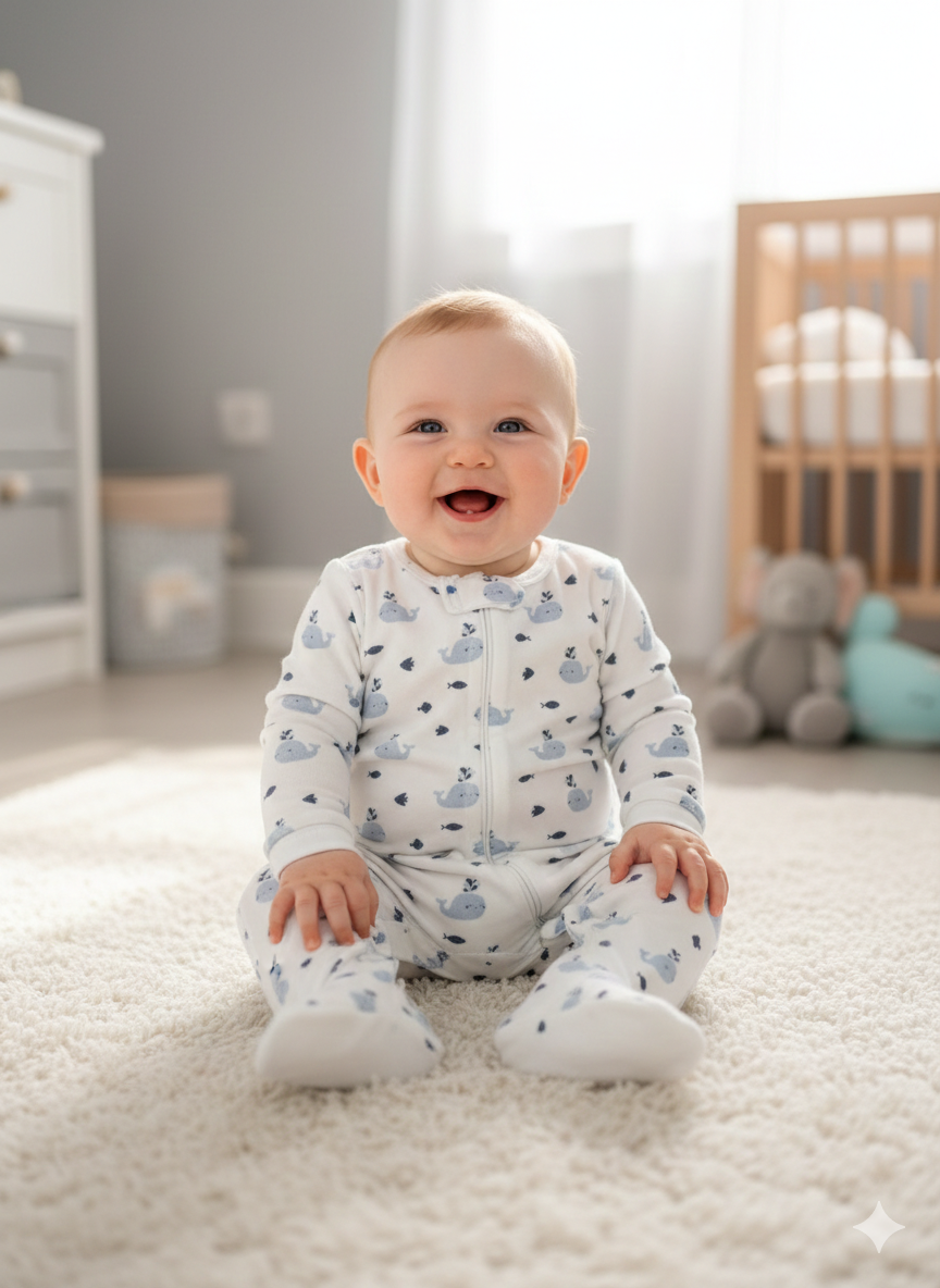 White with blue fish- Baby full Jumpsuits