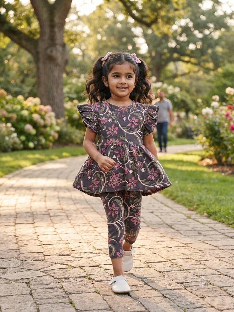 Floral light pink peplum co - ord girls set Sep