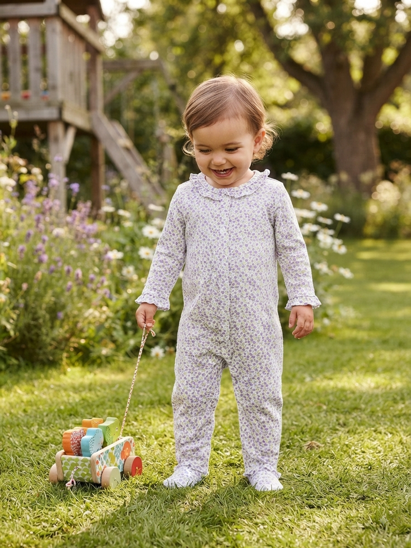 White with violet small flowers with shoe (snap button)-Jumpsuit