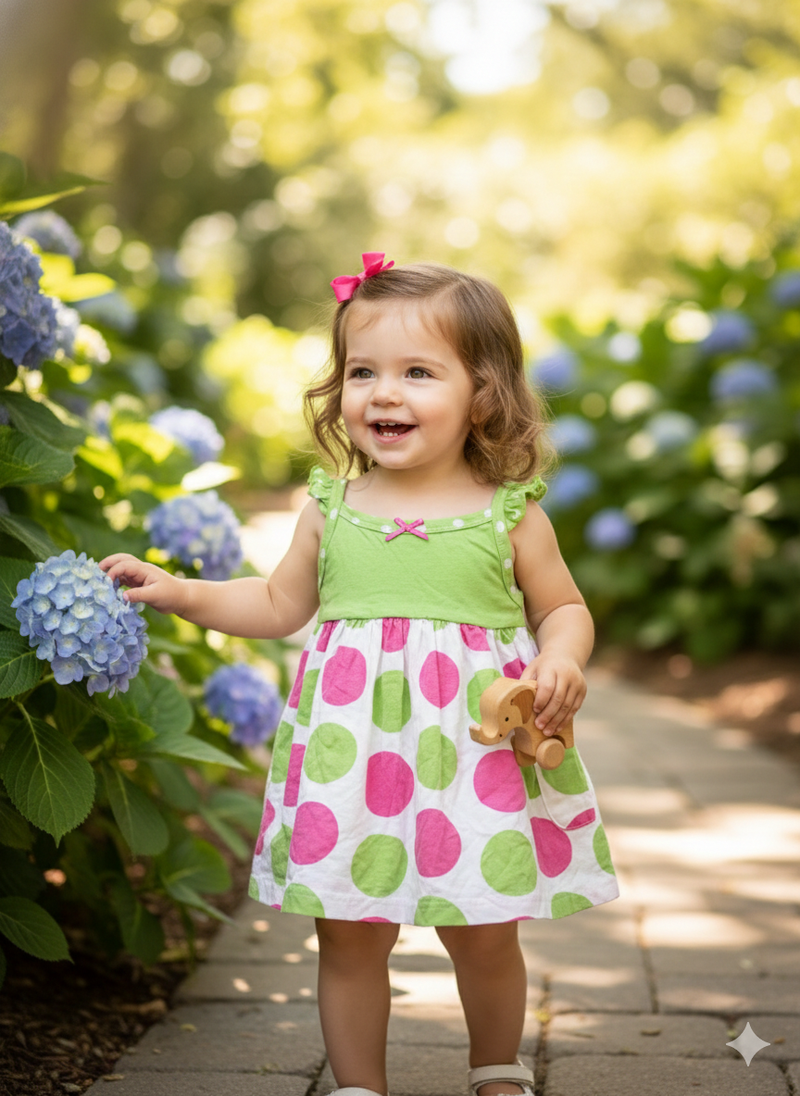 Green  with  pink circle Frock