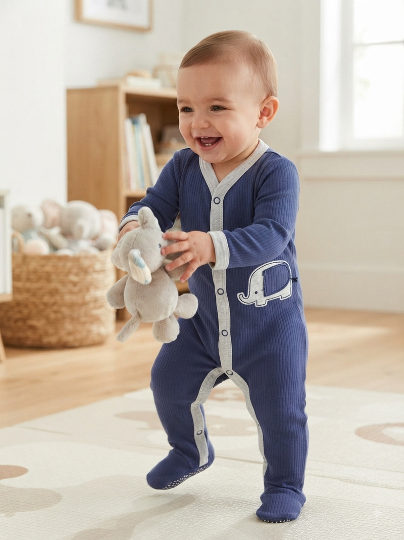Steel Blue with shoe (snap button)- Baby Jumpsuit