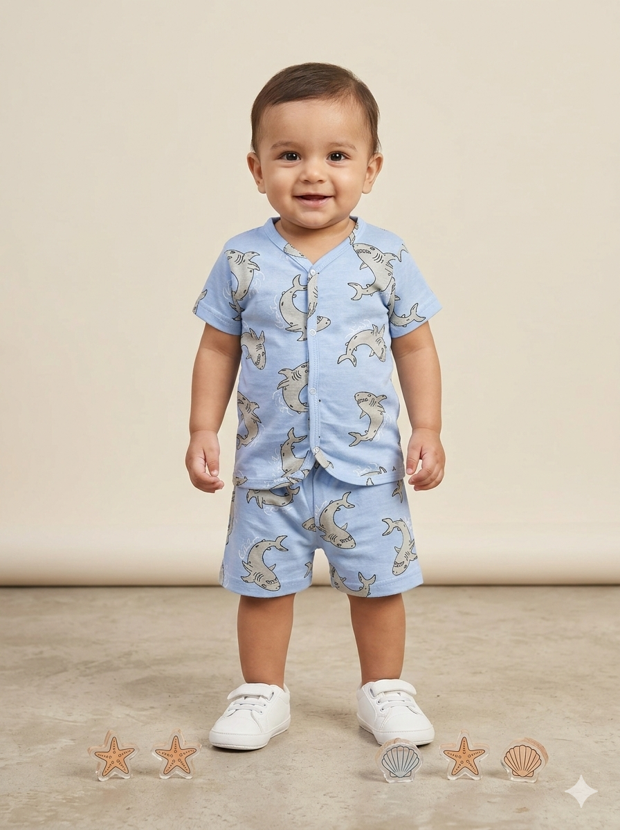 Blue with Shark -Half Sleeve Jabla Short Sets