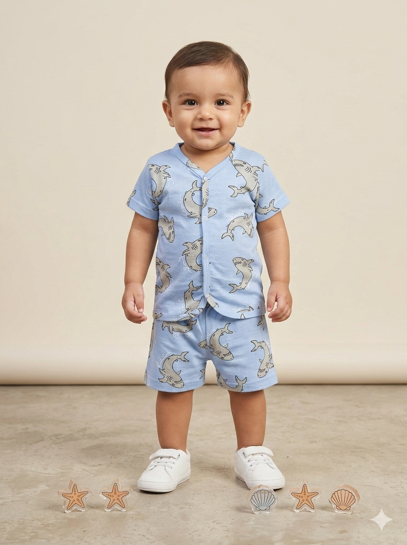 Blue with Shark -Half Sleeve Jabla Short Sets