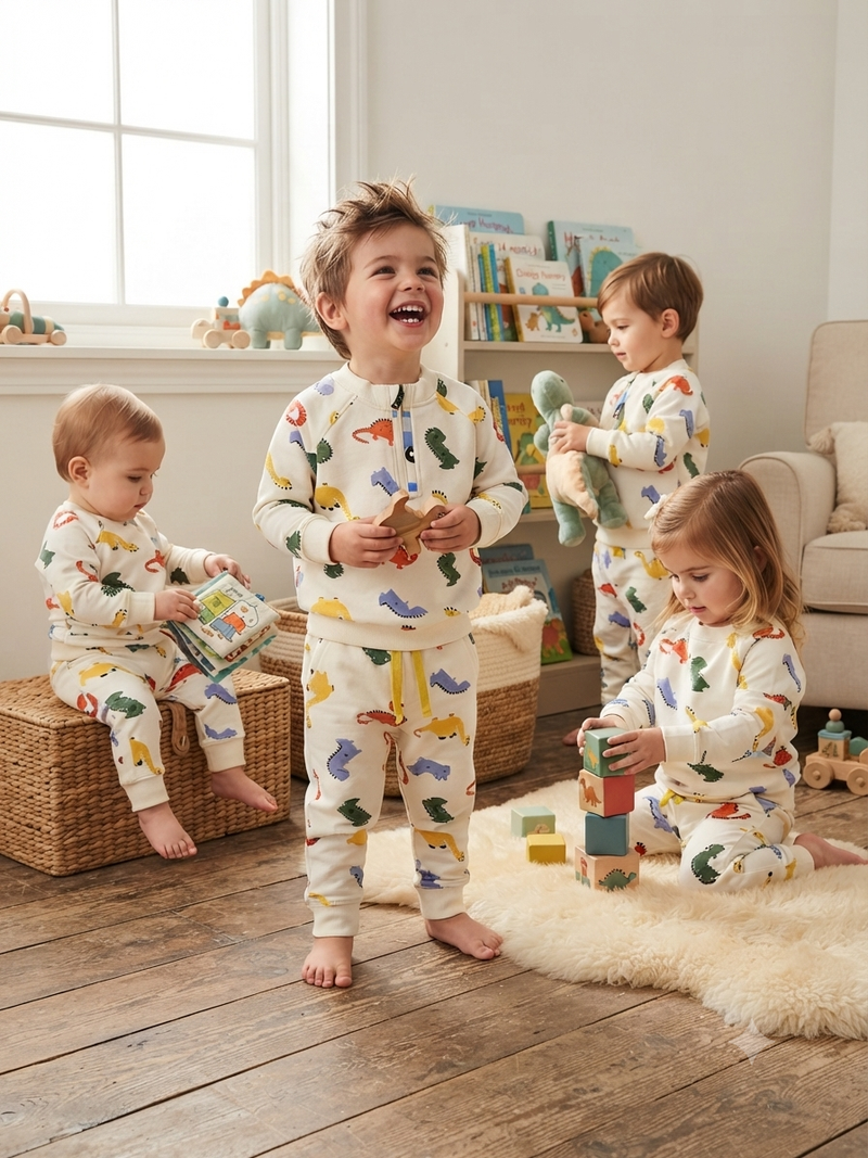 Off white colorful dinosaur print- Baby winter set