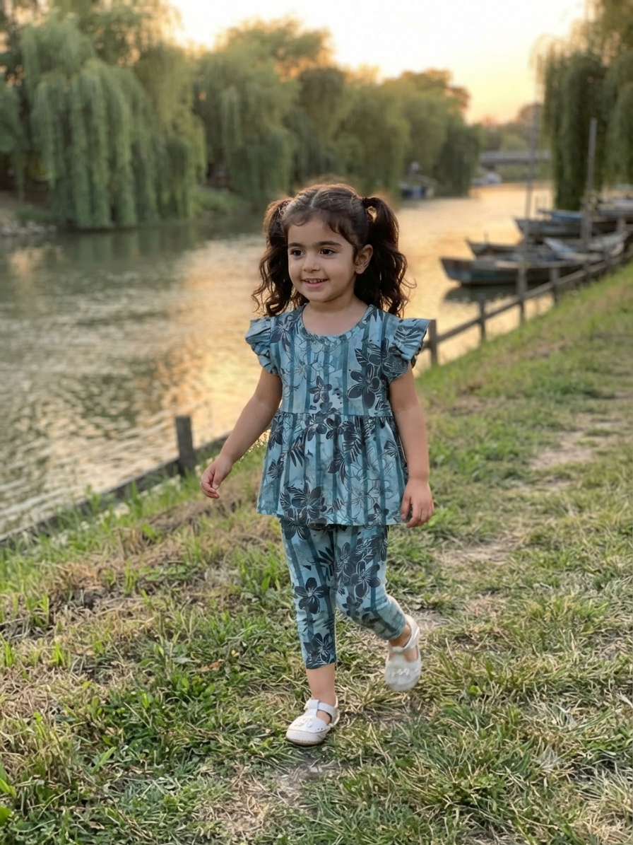 Green strive with a floral peplum co - ord girls set Sep