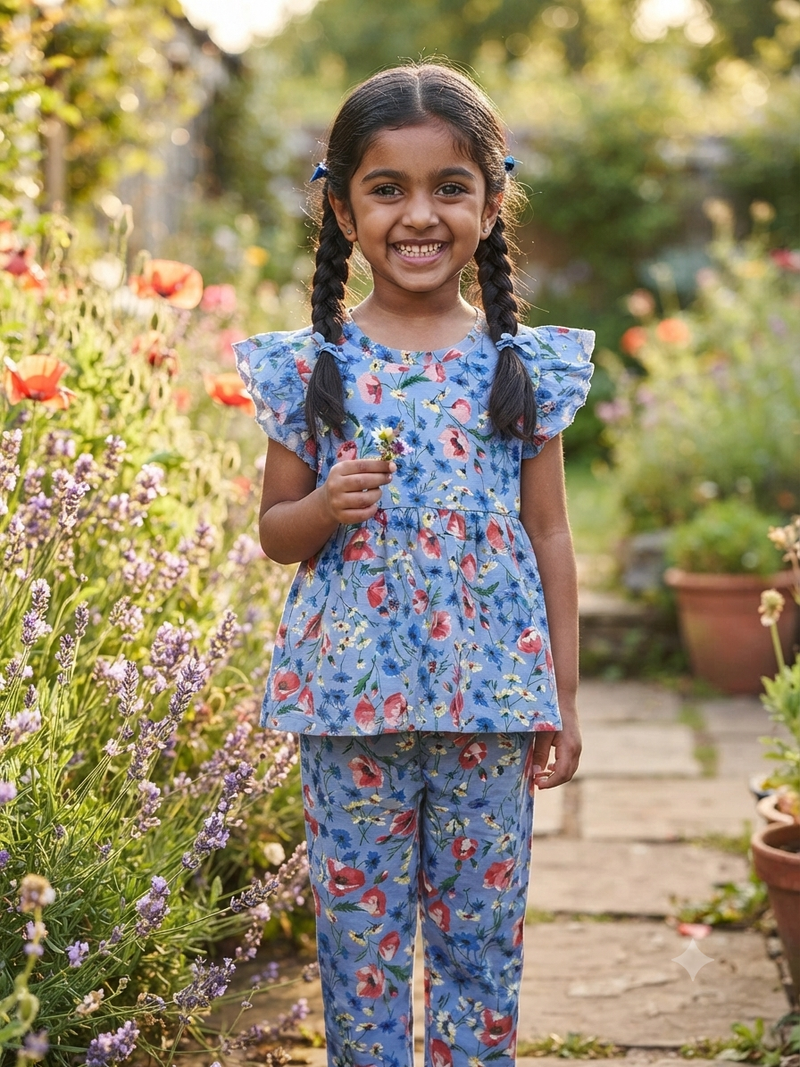Sky blue flower Peplum Co-Ord Girls Set