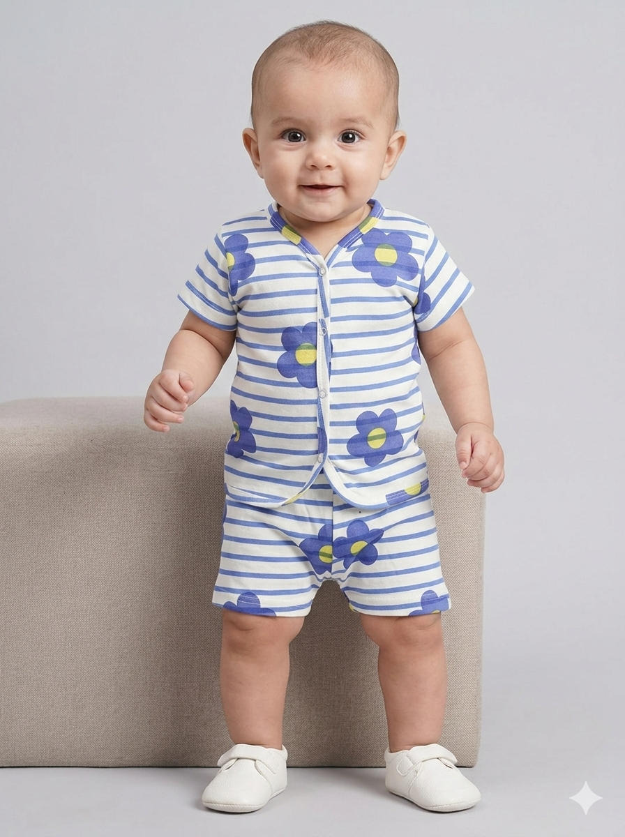 Stripes with blue and yellow flower -Half Sleeve Jabla Short sets