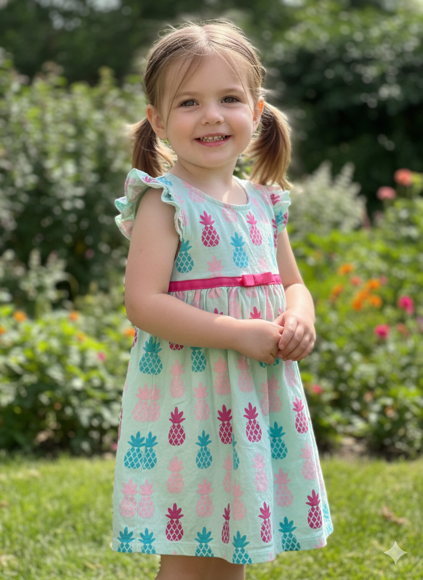 Blue & pink pineapple-baby sleeveless Frock