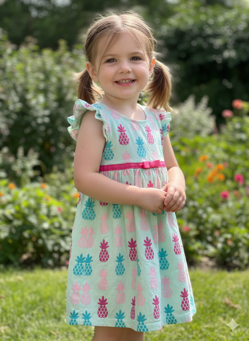 Blue & pink pineapple-baby sleeveless Frock