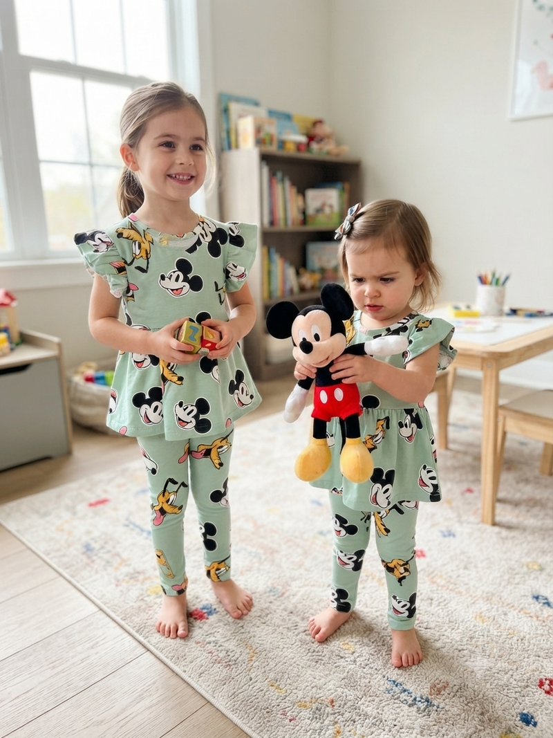 Charming sea green Mickey Mouse print21/8-Peplum Girls set