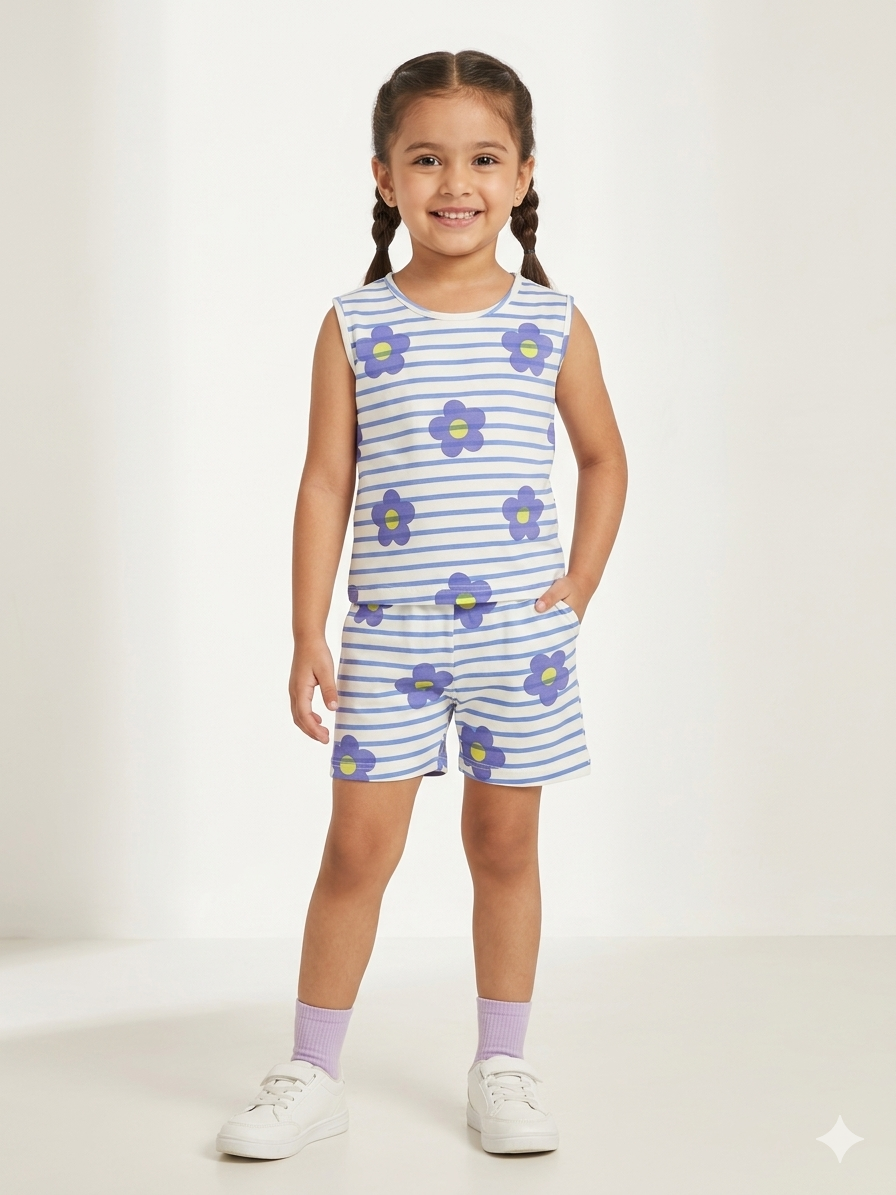 White with blue flowers -Sleeveless co-ords