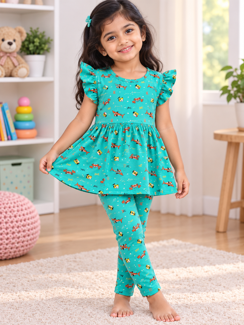 Green  See Them Multi Colour Peplum Co-ord Girls Sets.