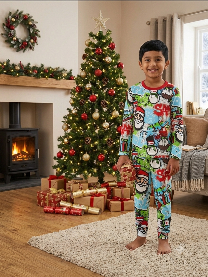 Christmas Graffiti Santa & Snowman Print Pyjama Set