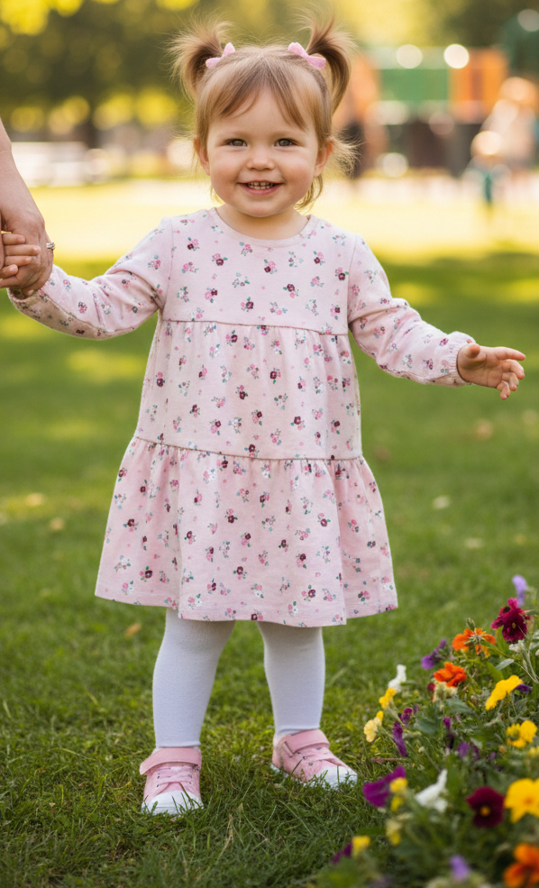 Pink with brown flower - baby full sleeve frock