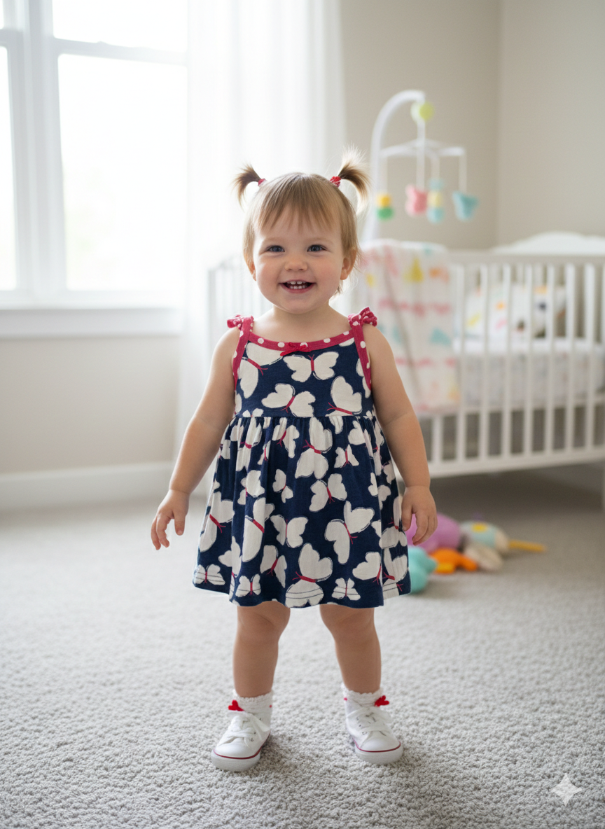Navy   with white butterfly- Baby Sleeveless Frock