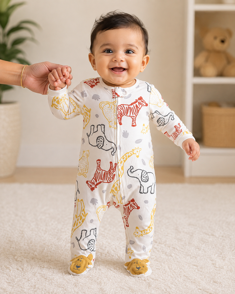 White with animal 🦒 and shoe -Baby high quality jumpsuit