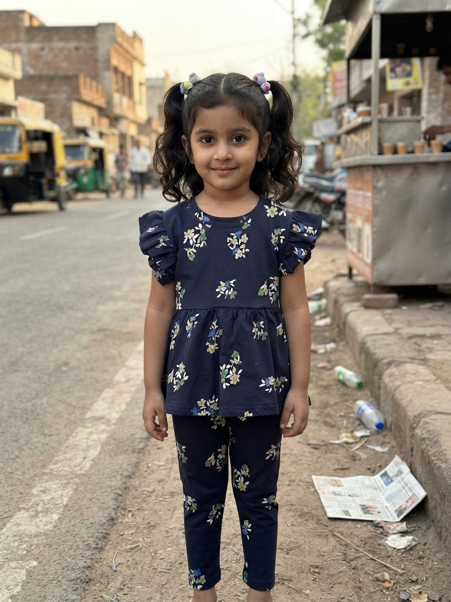 Dark Navy with floral peplum co - ord girls set Sep