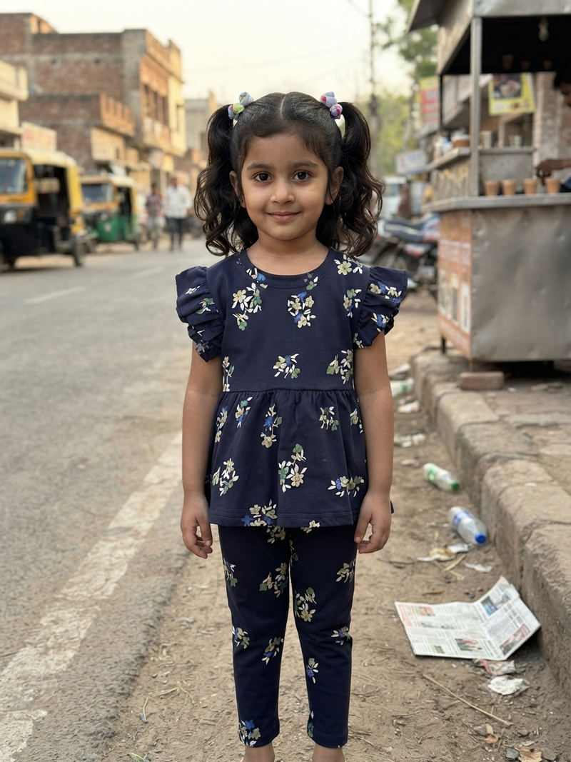 Dark Navy with floral peplum co - ord girls set Sep
