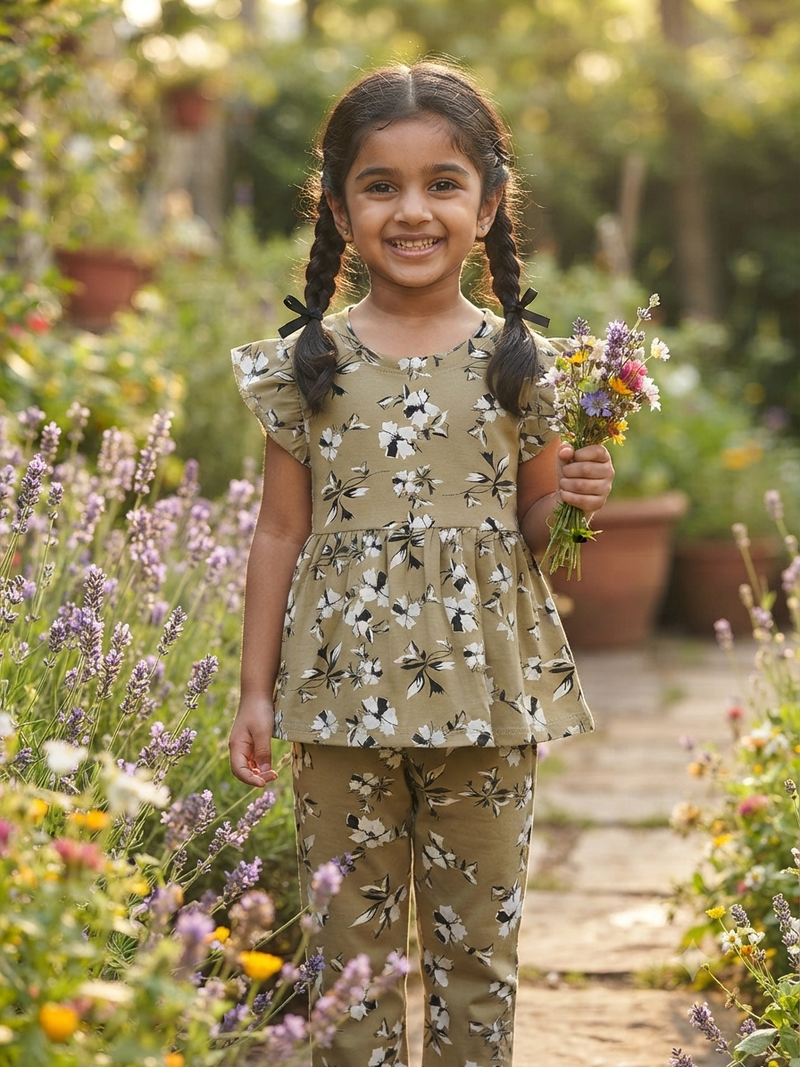 White flower with bass Peplum Co-Ord Girls Set