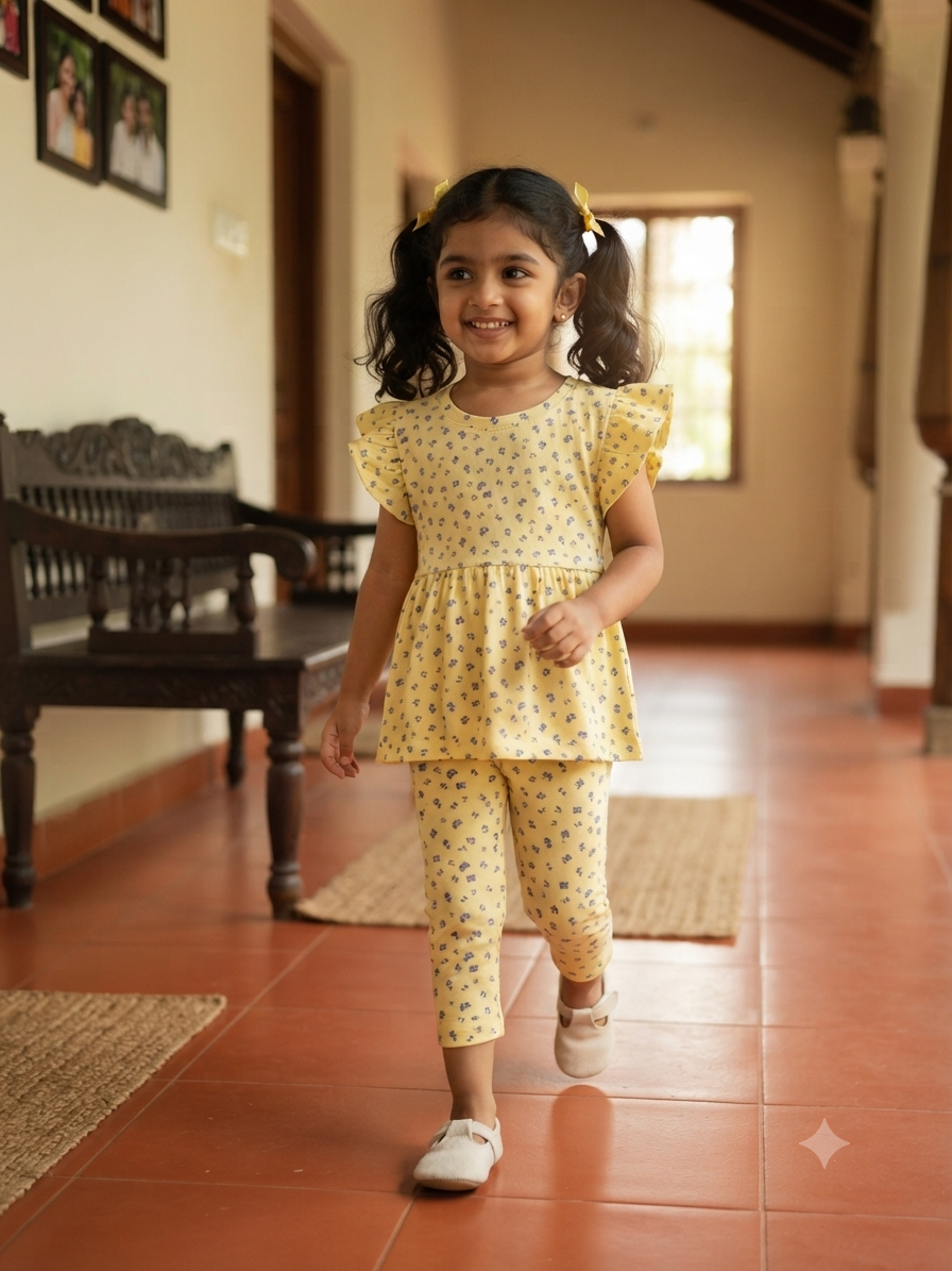 Lemon, yellow, floral peplum co - ord girls set Sep