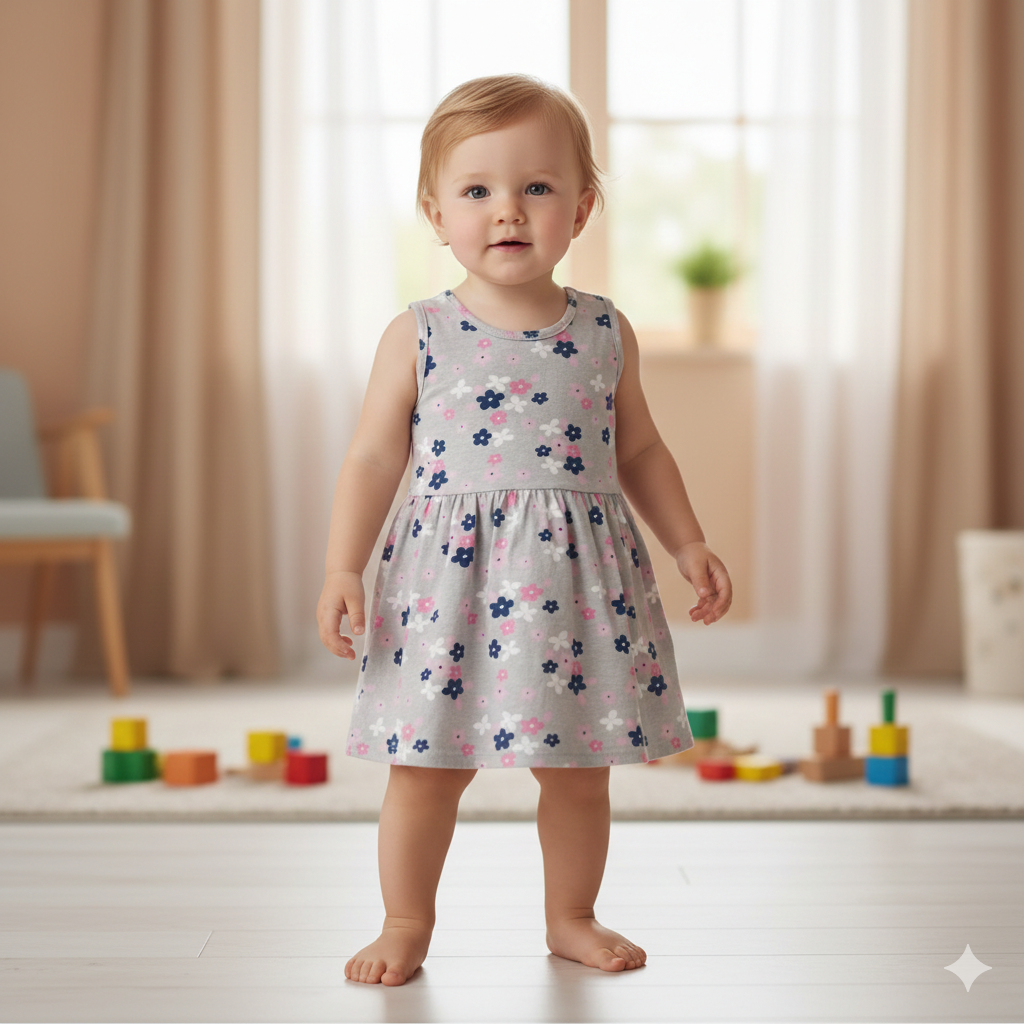 Grey floral-Baby sleeveless Frock