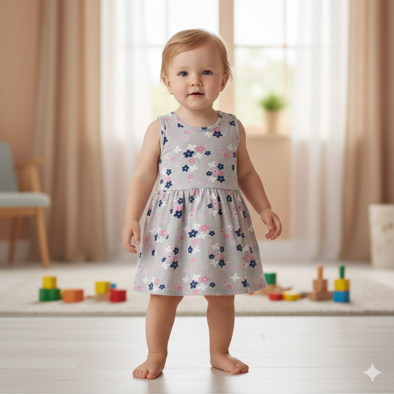 Grey floral-Baby sleeveless Frock