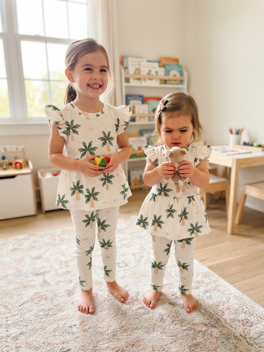 Green palm tree 🌴 print 21/8-Peplum Girls set