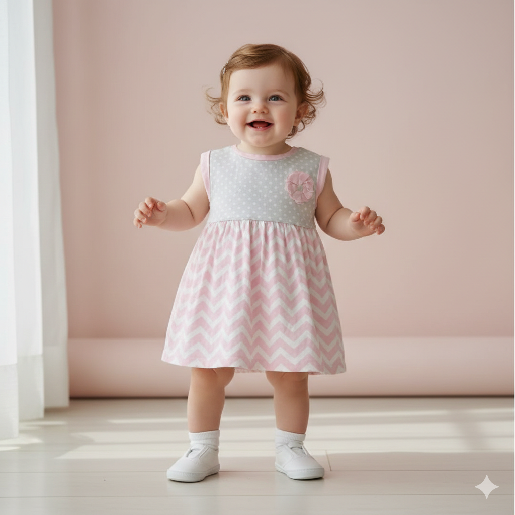 Pink & grey-Baby frock