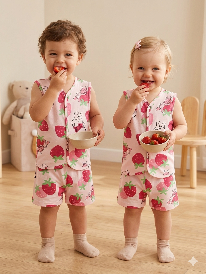 Light Pink with Strawberry 🍓- Sleeveless Jabla shorts set