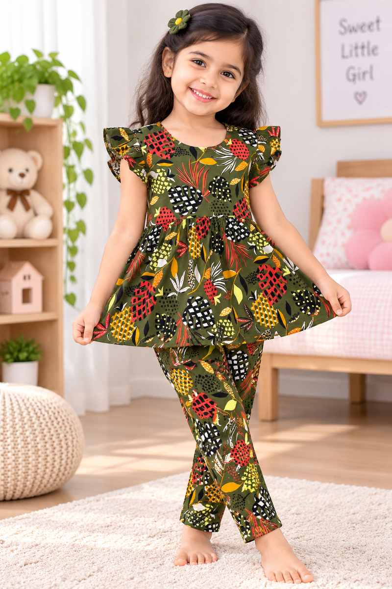 Green Multi colour Peplum Co-ord Girls set