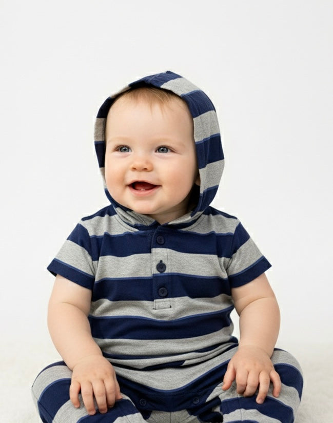 Grey with navy Hoodie -Baby Jumpsuits