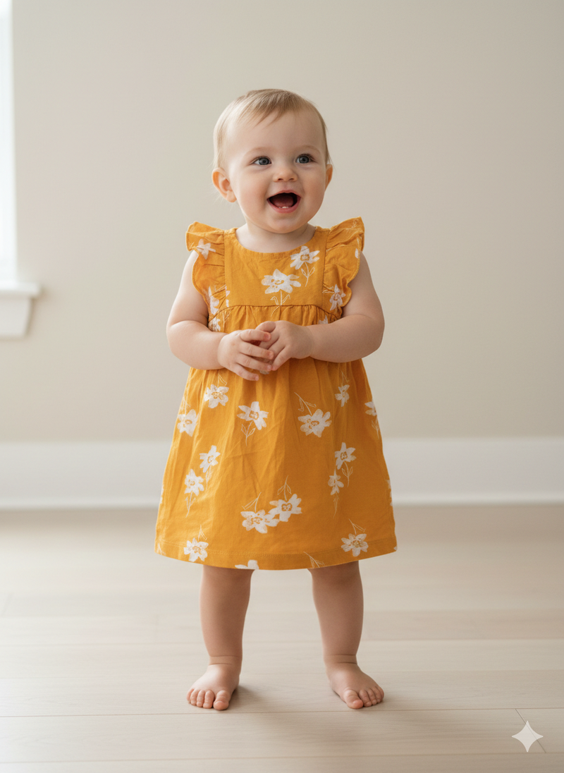 Yellow with white flowers - Baby Sleeveless Frock