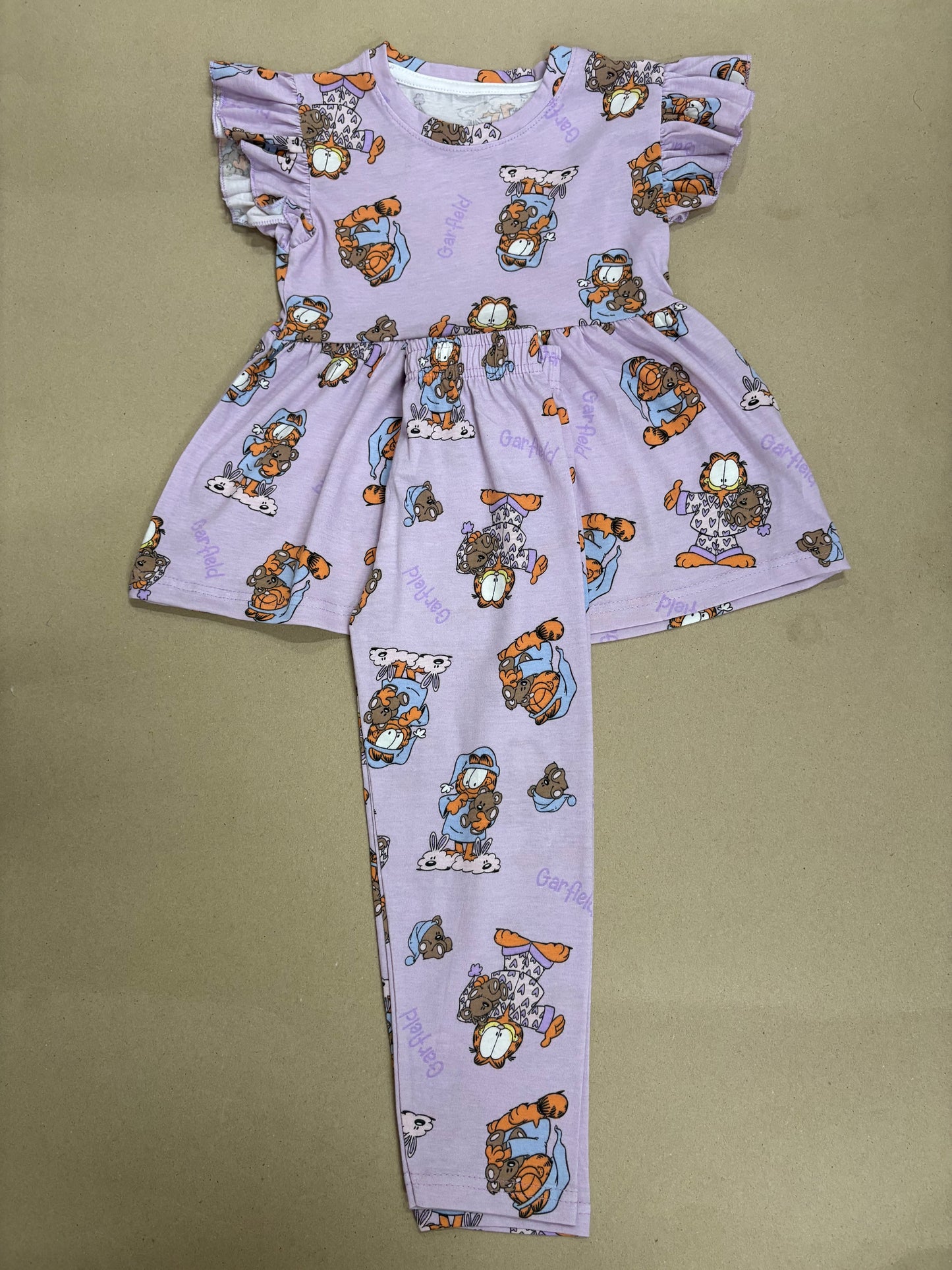 Light purple Garfield print 21/8-Peplum Girls set