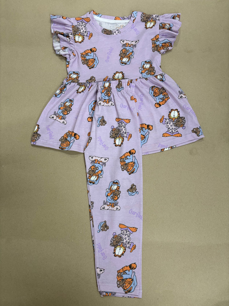 Light purple Garfield print 21/8-Peplum Girls set