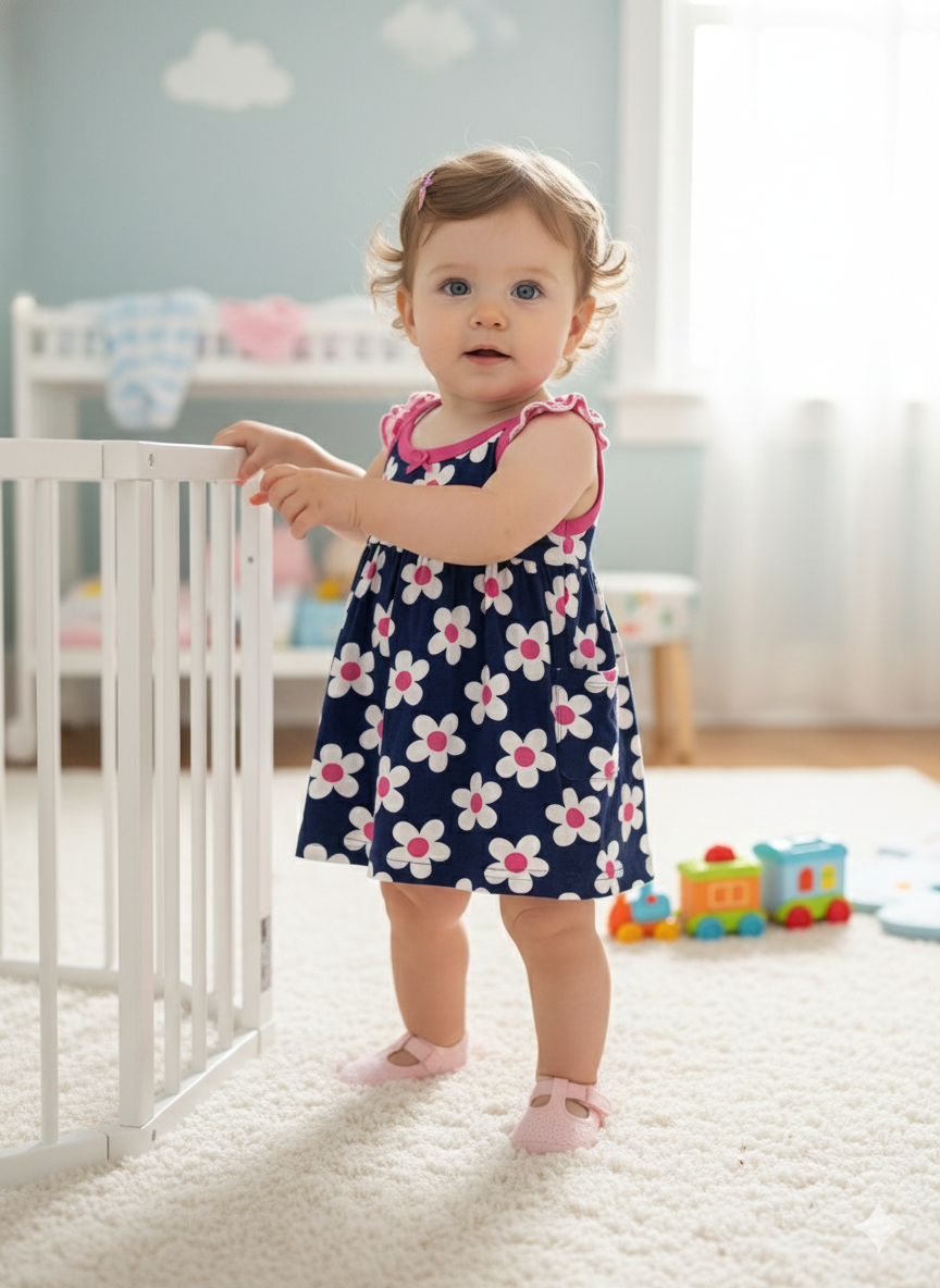 Navy  flowers with packet - Baby Sleeveless Frock