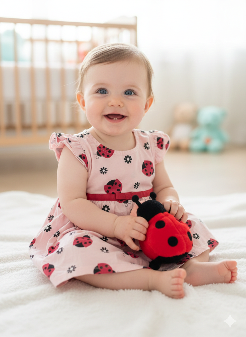 Pink with red bug-Sleeveless Frock