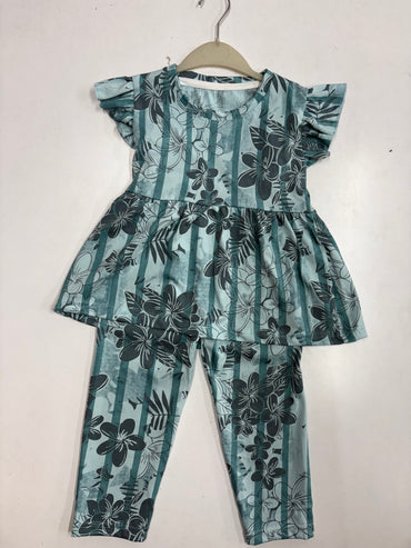 Green strive with a floral peplum co - ord girls set Sep