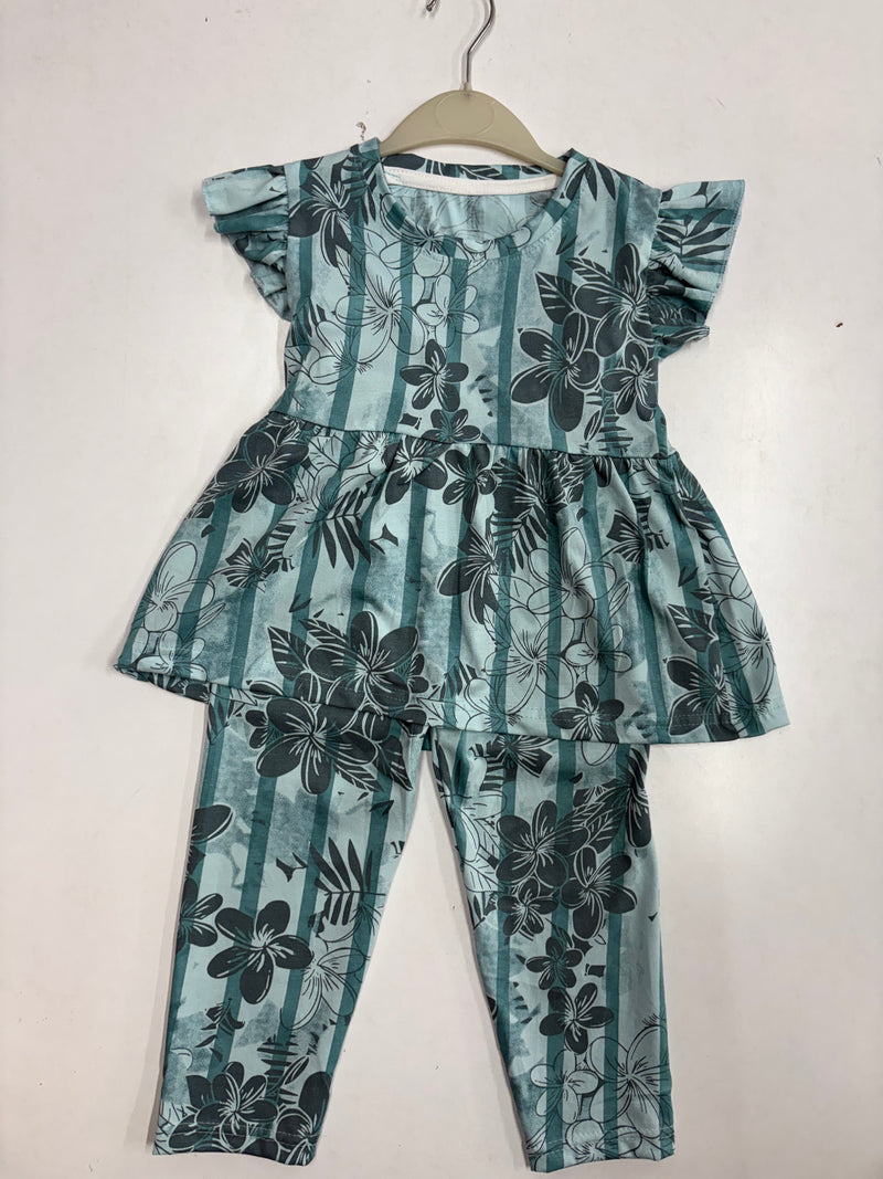 Green strive with a floral peplum co - ord girls set Sep