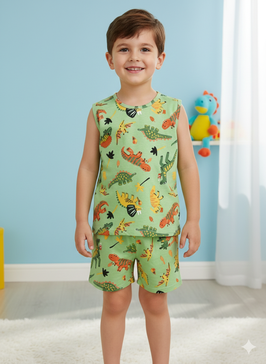 Green with Dino-Sleeveless co-ords