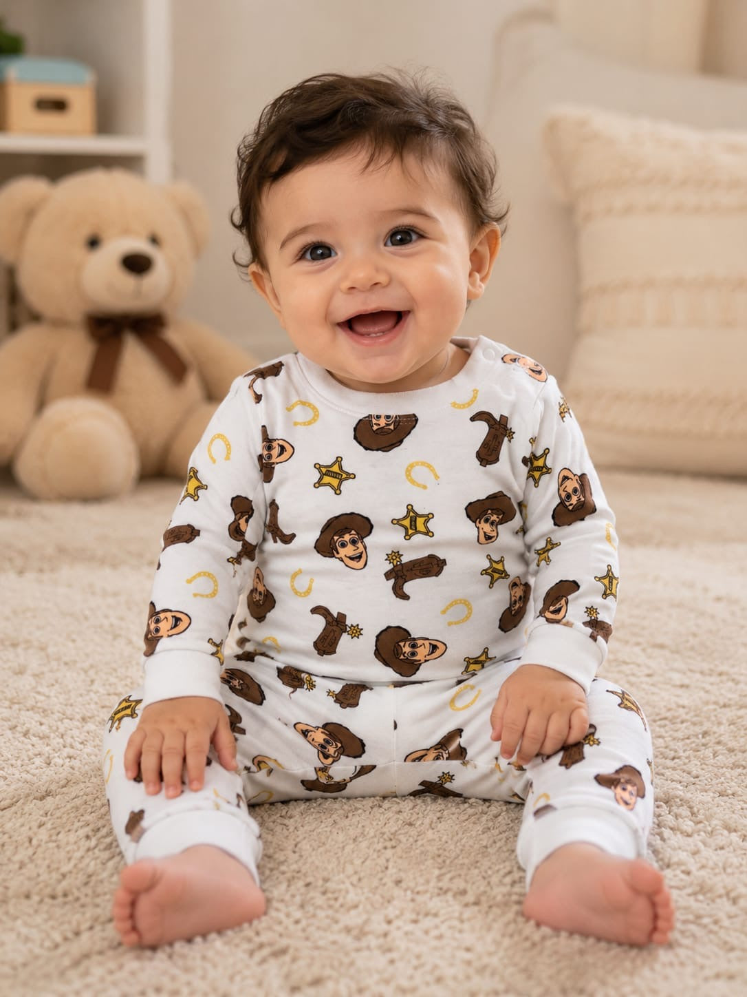 Baby white character print -Co-ord sets Full (snap button)