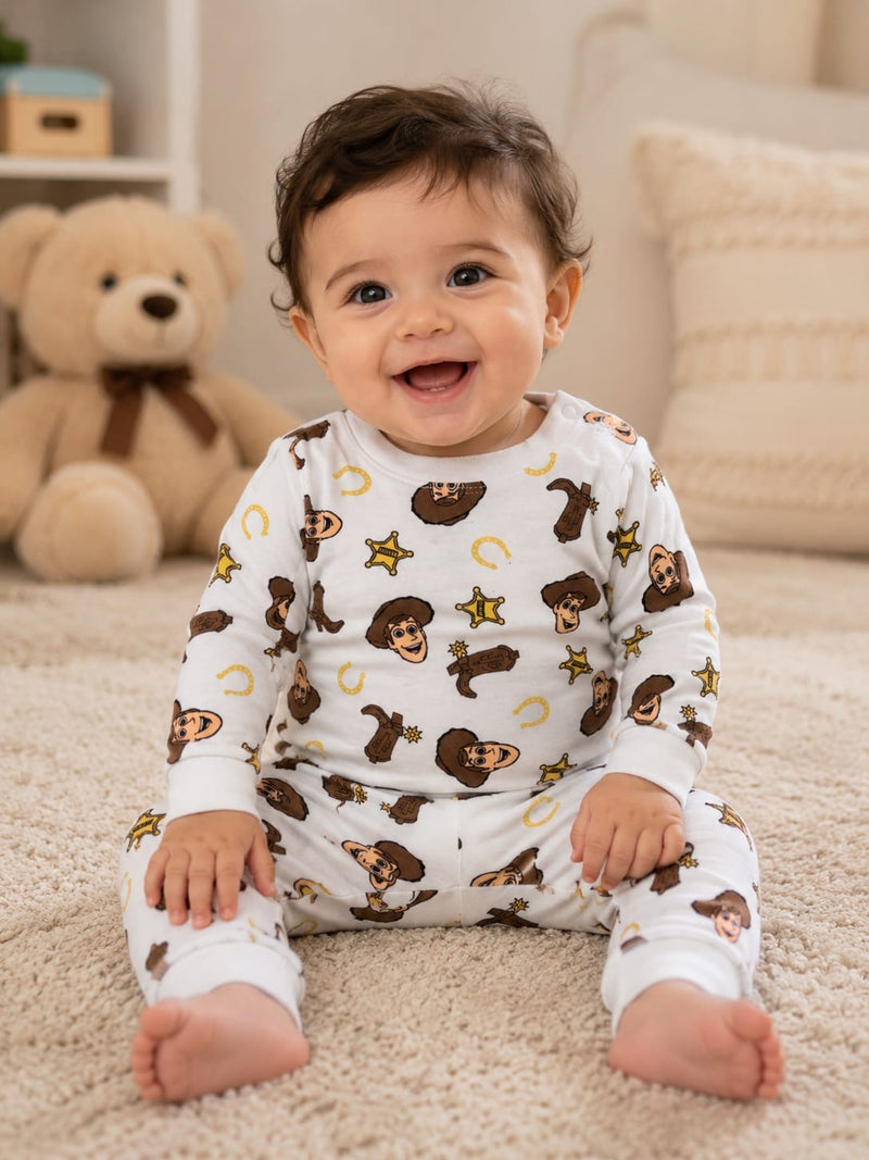Baby white character print -Co-ord sets Full (snap button)