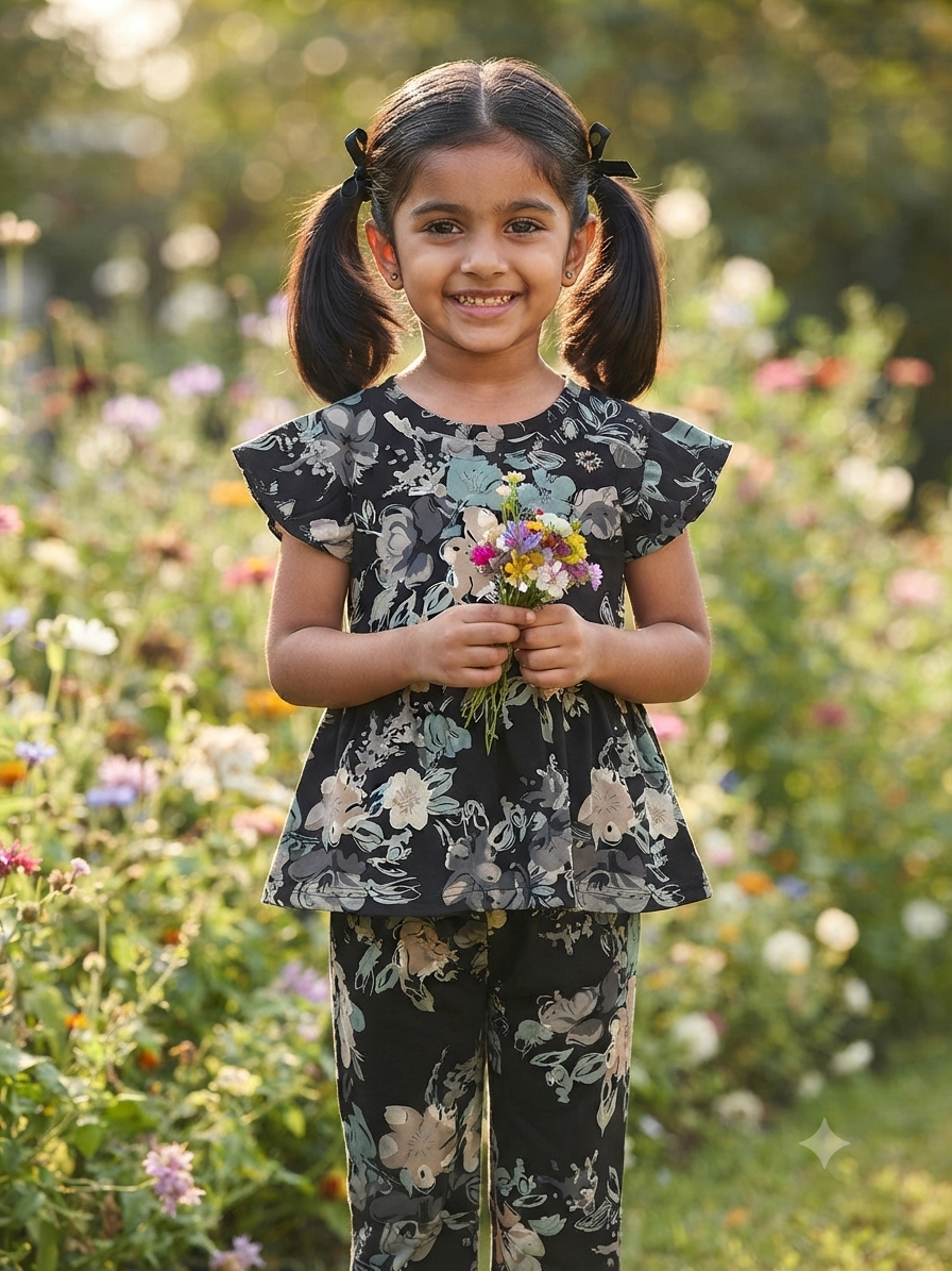 Black base with yellow and green floral Peplum Co-Ord Girls Set