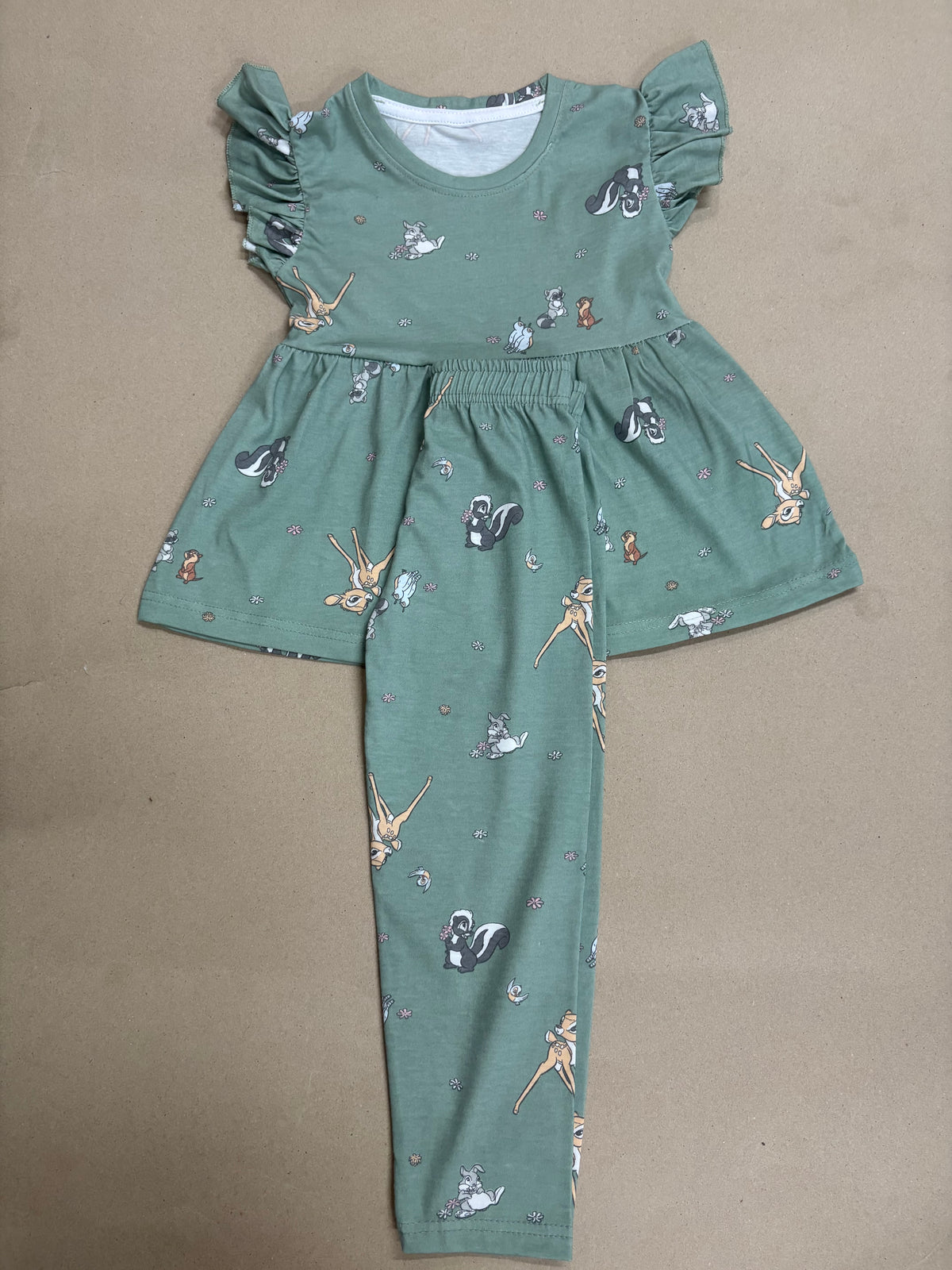 Sage green with cartoon woodland characters21/8-Peplum Girls set