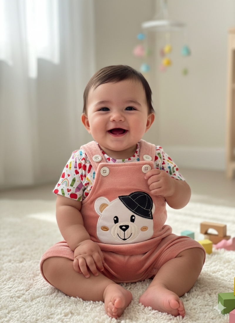 Baby pink with bear- Baby Dungaree