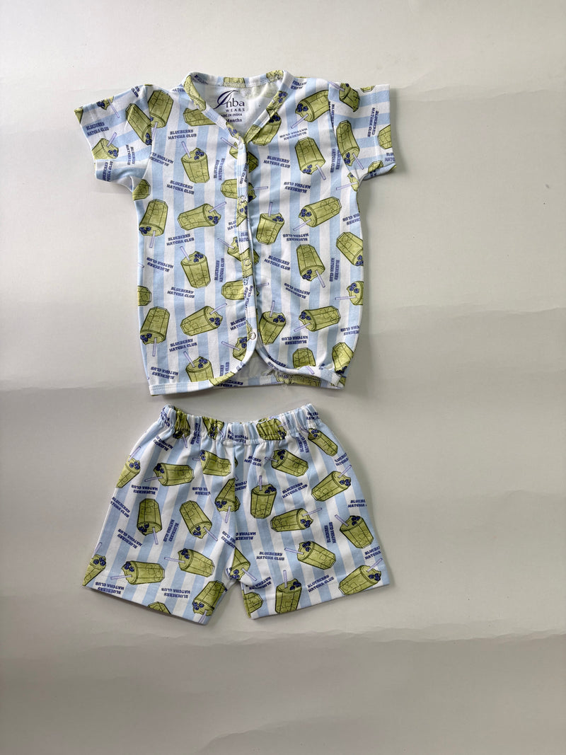 BLUEBERRY MATCHA CLUB -Half Sleeve Jabla Short Sets